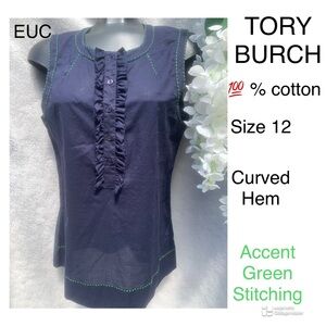 💯% cotton TORY BURCH Navy Ruffled sleeveless Blouse